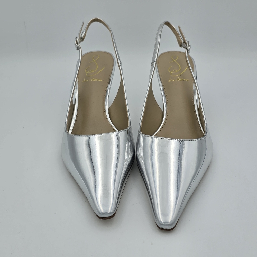Sam Edelman Silver Pointed Toe Slingback Kitten Heels - Picture 3 of 16